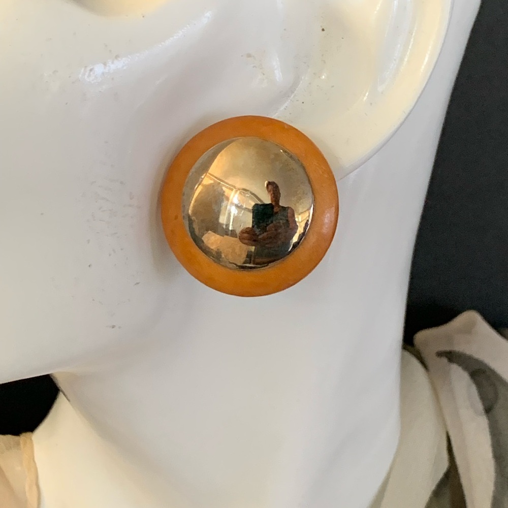Vintage Golden Button Wood Back Earrings